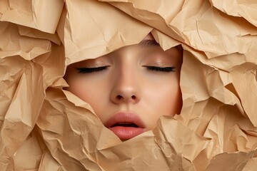 Poster - A creative shot of a woman with her face entirely covered in crumpled tissue, emphasizing texture and mystery, framed against a clean, softly lit background