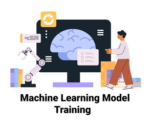 Poster - machine learning model training concept with robot arm human interacting with computer screen brain 