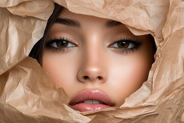 Poster - A dramatic image of a woman with tissue covering her face, evoking a sense of enigma and artistic abstraction, highlighted by gentle lighting and a neutral background