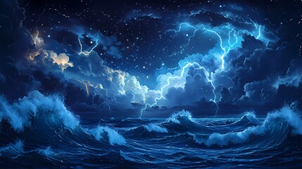 Wall Mural - a dramatic seascape featuring tumultuous waves illuminated by flashes of lightning against a starry 