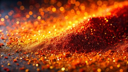 Poster - Closeup of Sparkling Metallic Pigment Dust in Orange and Red Hues with Vibrant Textures and Copy Space for Creative Backgrounds and Art Design Projects