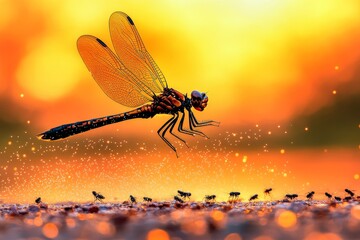 Poster - A dynamic image of a dragonfly chasing smaller insects in the golden light of sunset, with its silhouette beautifully backlit