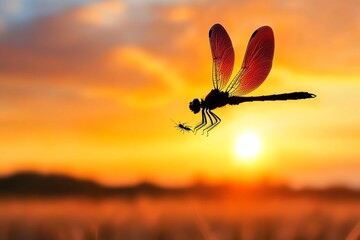 Poster - A dynamic image of a dragonfly chasing smaller insects in the golden light of sunset, with its silhouette beautifully backlit
