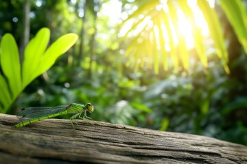 Poster - A dynamic photo of a dragonfly in a rainforest, surrounded by lush greenery and filtered light breaking through the canopy