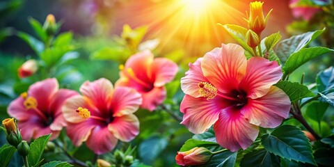 Wall Mural - Closeup of Vibrant Hibiscus Flowers Bathed in Sunlight with Lush Green Leaves, Capturing the Beauty of Nature in a Stunning Food Photography Style