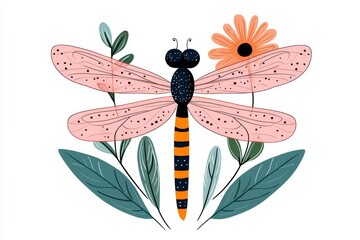 Aufkleber - A flat vector design of a dragonfly resting on a flower, with bold outlines and soft pastel colors on a crisp white background