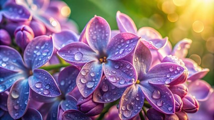 Wall Mural - Closeup of Vibrant Purple Lilac Flower Petals with Dew Drops in Early Morning Light, Showcasing Nature's Beauty and Delicate Details in a Serene Landscape Setting