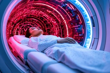 Aufkleber - A futuristic depiction of a person dreaming in a high-tech sleep pod, surrounded by glowing holographic dream visuals and floating data streams