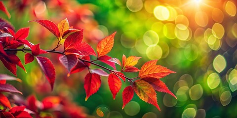 Wall Mural - Close-Up of Vibrant Red Leaves with Green Stems in Bokeh Effect Capturing the Beauty of Autumn Foliage for Nature Lovers and Photography Enthusiasts