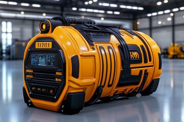 Aufkleber - A futuristic depiction of a sleek, high-tech air compressor with a digital interface and glowing components, set in a modern industrial environment