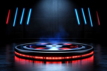 Poster - A futuristic, holographic DVD player with a transparent disc spinning inside, surrounded by neon lights and digital displays
