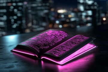 Poster - A glowing cyberpunk-style digital document, surrounded by neon lights and holographic data streams in a dark, futuristic setting