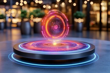 Aufkleber - A high-tech holographic document floating above a futuristic desk, with glowing data and touchable elements