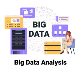 Poster - big data analysis concept with server woman working on laptop data charts network connections colorf