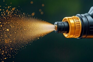 Poster - A hyper-realistic close-up of an air compressor in action, showing tiny dust particles being blown away and reflections on its polished surface