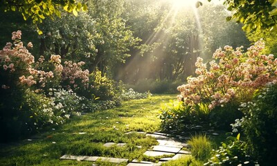 Wall Mural - serene garden path illuminated by soft sunlight.