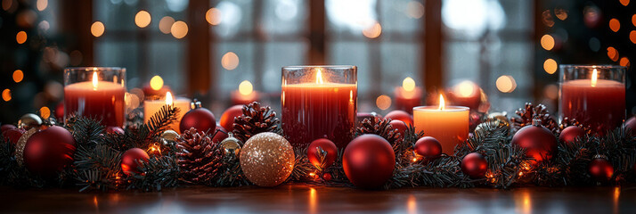 Poster - A corporate boardroom table set with elegant holiday-themed centerpieces, including candles, baubles, and sparkling decorations,