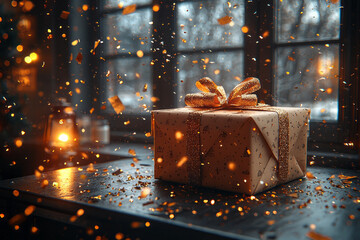 Poster - An artistic composition of a gift-wrapped package placed on a tidy desk next to a glowing lamp and scattered golden confetti,