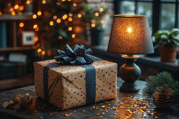 Poster - An artistic composition of a gift-wrapped package placed on a tidy desk next to a glowing lamp and scattered golden confetti,