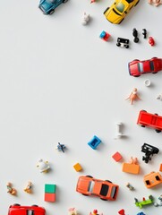 Aufkleber - Various children's toys such as cars, blocks, and dolls are artistically organized on a white surface, leaving ample space for creative text. Generative AI