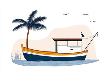 Fototapete - A minimalist icon of a dhow boat on the water, drawn with clean lines and a subtle beige and blue palette