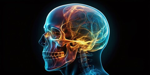 Poster - Closeup Silhouette X-ray Image of a Human Skull, Highlighting the Intricacies of the Skeleton Structure for Abstract Medical Concepts and Educational Purposes