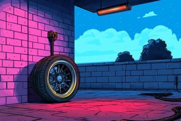 Poster - A pixel art depiction of an air compressor connected to a tire, with animated puffs of air and vibrant colors creating a retro 8-bit aesthetic