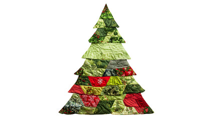 charming fabric Christmas tree made from quilted green and red patches, creating a cozy and festive holiday decoration isolated in white