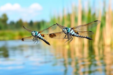 Poster - A vibrant shot of a dragonfly among golden reeds at sunrise, its wings catching the early morning light