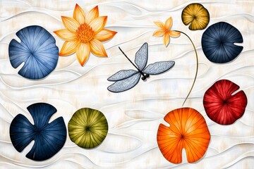 Poster - A whimsical 2D depiction of a dragonfly hovering above a pond, with colorful lily pads and light ripples on a white canvas