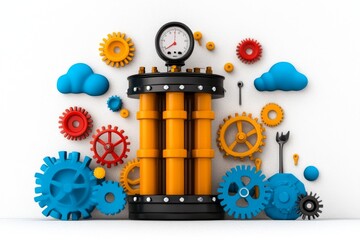 Poster - A whimsical 2D depiction of an air compressor surrounded by floating tools and animated puffs of air, set on a white background
