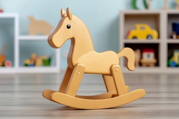 Wall Mural - an expansive playroom filled with vintage toys, where a classic wooden rocking horse stands in sharp