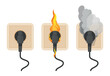 © MicroOne - Sockets in fire. Wiring problems, dangerous situation in office or home. Socket with plug in smoke and sparks, electrical system broken, neoteric vector scene