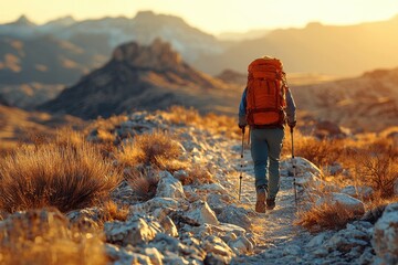 hiker navigating rocky trail at sunset in mountainous landscape with backpack and trekking poles. ge