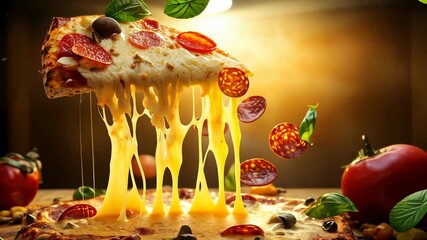 Wall Mural - Delicious melted cheese pizza with pepperoni fresh basil