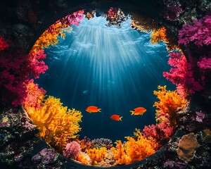 Wall Mural - Vibrant coral reef scene viewed through a porthole, showcasing colorful corals and fish illuminated by sunlight.