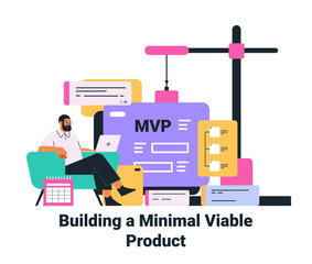 Poster - mvp development concept man with laptop colorful elements crane office setting business strategy tec
