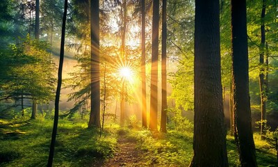 Wall Mural - sunlight filters through trees in a serene forest setting.