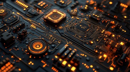 Fototapete - Futuristic circuit board pulsating with orange light and data flow