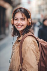 Young woman wearing headphones and backpack, smiling on a busy city street, enjoying music and urban vibes.