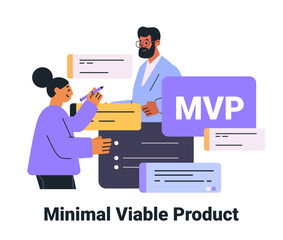 Poster - minimal viable product concept teamwork characters collaborating colorful elements abstract design