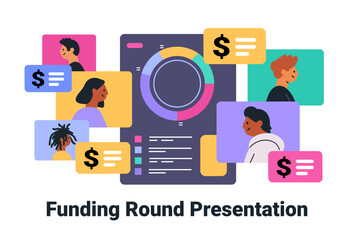 Poster - funding round presentation concept with diverse people and financial icons around a colorful chart o