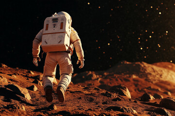 in the foreground is an astronaut running towards mars, against black sky and red planet background