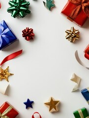 Aufkleber - Flat lay arrangement of colorful gift wrapping supplies including paper, ribbons, and decorative items with ample space for custom text. Generative AI