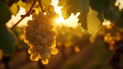 Wall Mural - Golden Grapes Hanging On Vine At Sunset