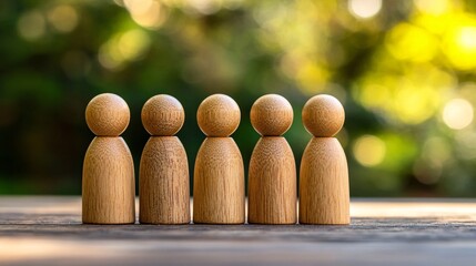 Poster - Five wooden figures standing together on a wooden surface with green bokeh background