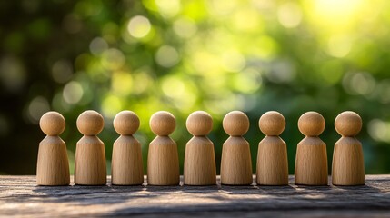 Poster - Wooden figures standing in a row symbolizing equality and teamwork on a blurred green background