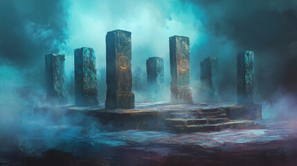 Wall Mural - Fog swirling around ancient stone altars, a place of rituals.