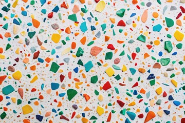 Poster - Colorful Flat Abstract Terrazzo Pattern on White Background for Kids' Art Style, Featuring Simple Shapes and Playful Design for Fun and Creative Spaces
