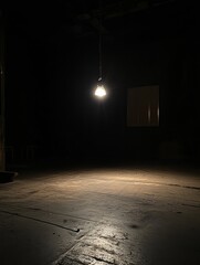 Fototapete - In a dark, empty room, a small light source hangs from above, casting a soft glow on the floor, evoking feelings of abandonment and isolation. Generative AI